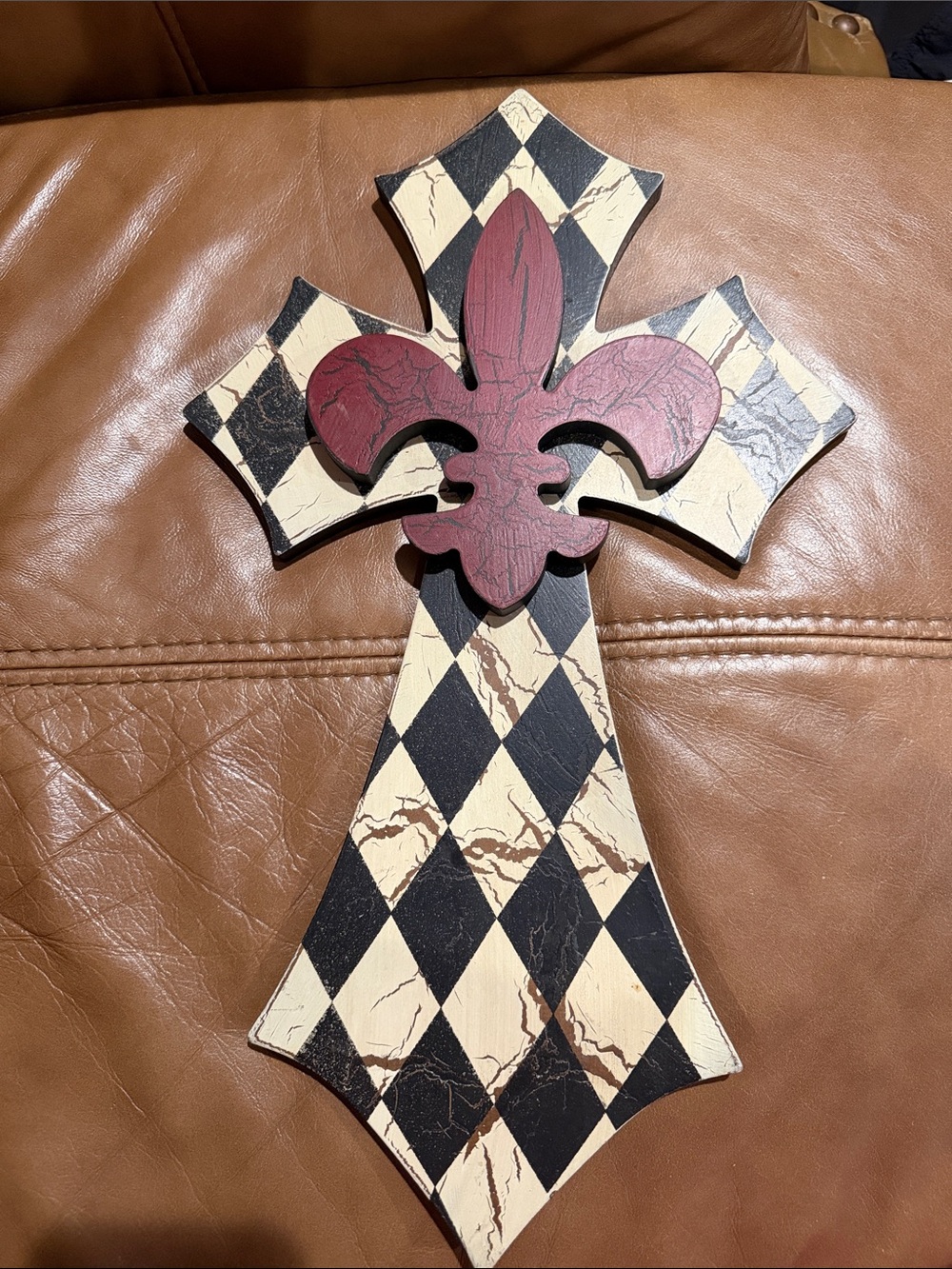 Decorative Fleur-de-Lis Cross Wall Art - Black, Cream & Burgundy